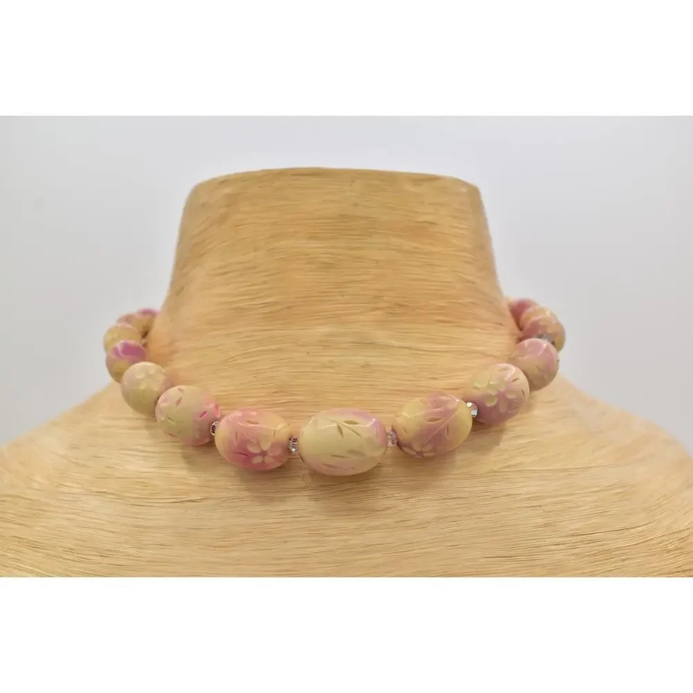 Vintage Flower Carved Beaded Choker Collar Necklace Egg Pink AB Crystal BinBD